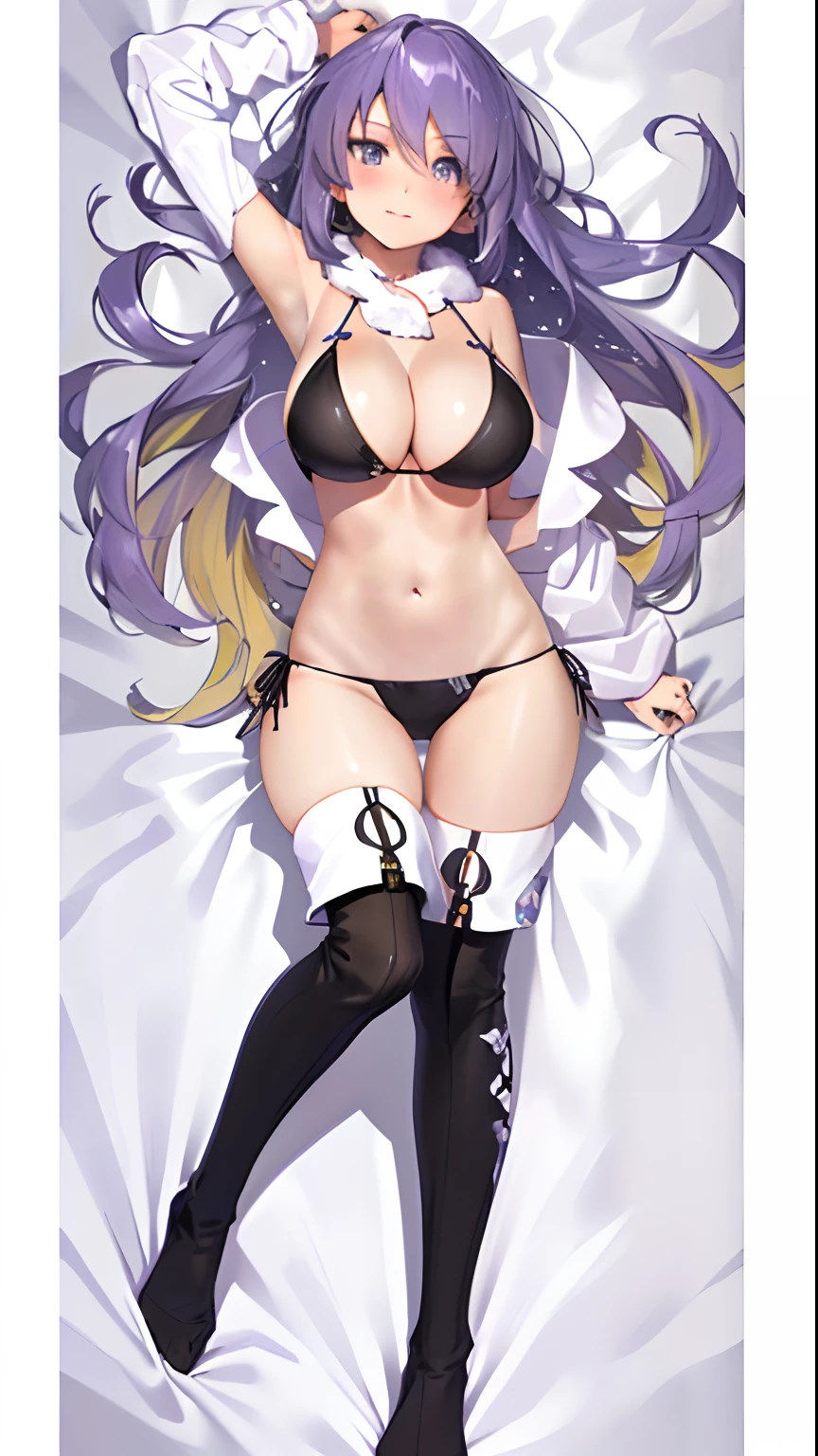 Bigboobs,long hair,light-purple hair,lying down on bed,seductive face,bikini,dakimakura fullbody view