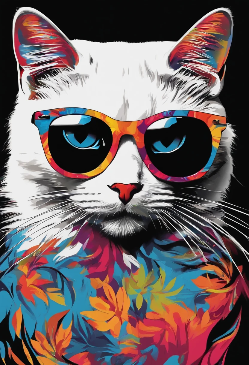 Sunglasses Cat Paint Art,T-shirt logo,((white backgrounid)),(in frame)