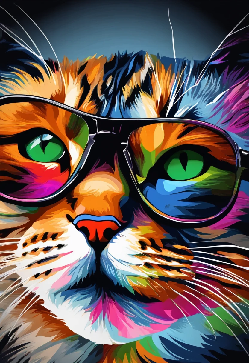 Sunglasses Cat Paint Art,T-shirt logo,((white backgrounid)),(in frame)