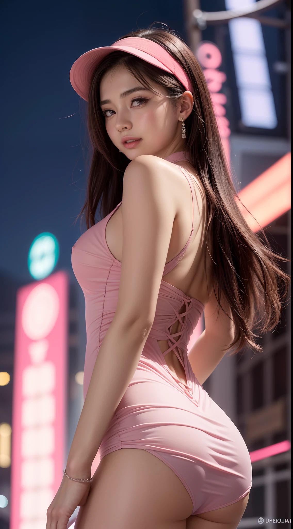 8k, Obra maestra, Foto RAW, La mejor calidad, fotorrealista, fondo de pantalla CG 8k extremadamente detallado, Profundidad de campo, cinematiclight, Destello de lente, Trazado de rayos, (cara extremadamente hermosa, labios hermosos, Hermosos ojos), Cara de detalle intrincado, ((Piel ultra detallada)) 1girll, A oscuras, sombra profunda, Bonita chica coreana, Kpop idol, 1 girl, (Cuerpo musculoso muy delgado y delgado:1.3), ((Ver el visor)),(gran sonrisa:1.3), (Noche de la moda, noche oscura, (Neon light sign), (fondo borroso), Noche callejera de moda),(No one is in the background:1.3), Hermosos pendientes, brazalete, collar, pantys, ojos claros, andante, (Pale skin), (ojos grandes), Cara hacia adelante, (brown hairs), (Toma de cuerpo completo), ((vestido de seda rosa intenso:1.3)), ((Dress well)), ((vestido con cordones)), (Ver el visor:1.3) pecho abierto, muy delgado, senos medianos, Go back, (Tiro trasero), Enfoque de, Antes de las cejas,(vestido ajustado), muslos gruesos