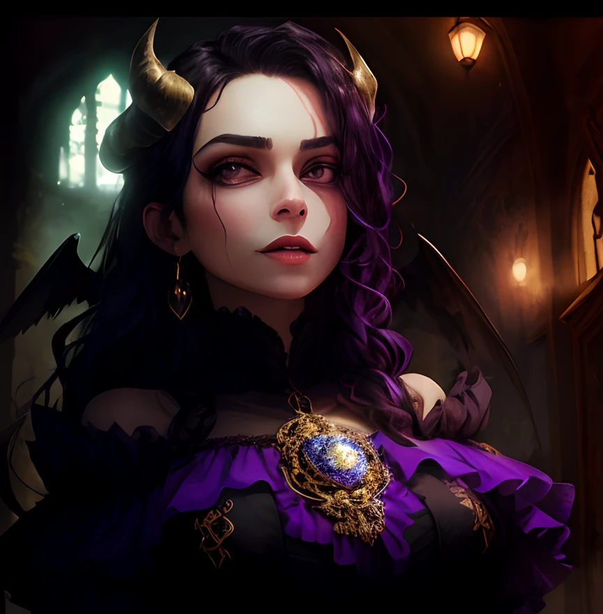 (dunkel,gotisch,beautiful,artistic ,Seductive Evil Eye),lila und schwarzes Kleid,long black hair with purple highlights,Detailed purple and black wings,black horns,durchdringende lila Augen,High-resolution 8K image,dark and mysterious background,Lebendige Farben,Unendliche Dunkelheit,somber atmosphere, Goldene Verzierungen
