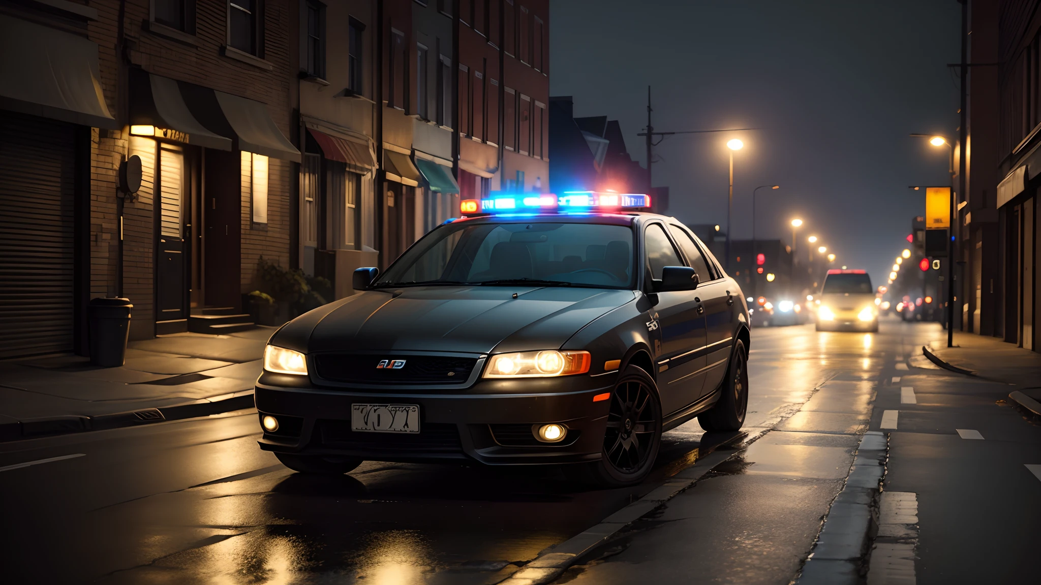 best quality, very realistic, lots of details, empty street at night, dark and gloomy atmosphere. low light. Police car stopped