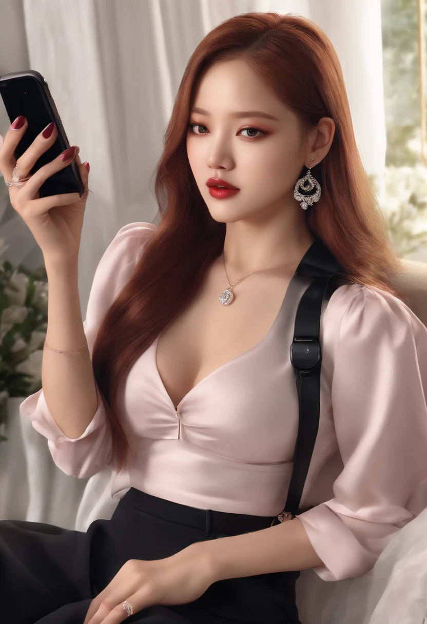 Blackpink rose hot with a cell phone in hand doing a live, highly detailed digital painting, anime realism style, 4K painting, realistic anime 3d style
