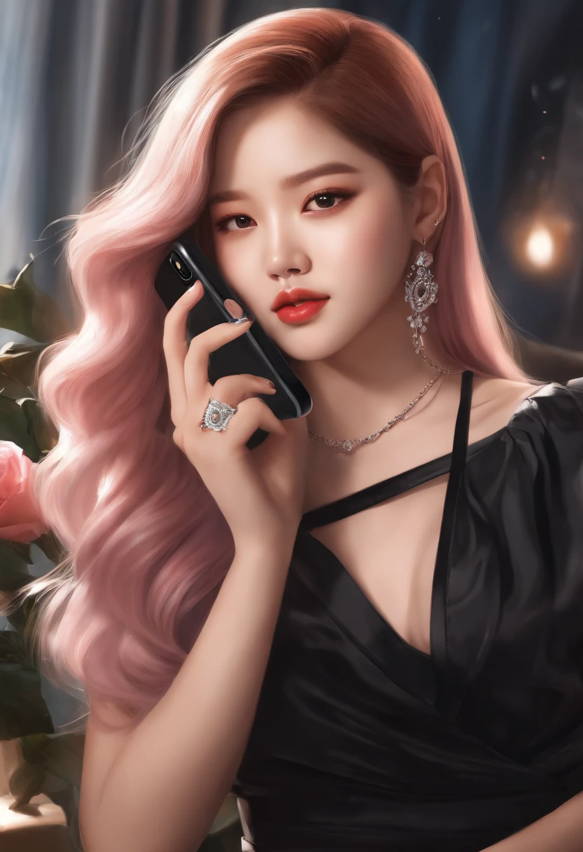 Blackpink rose hot with a cell phone in hand doing a live, highly detailed digital painting, anime realism style, 4K painting, realistic anime 3d style