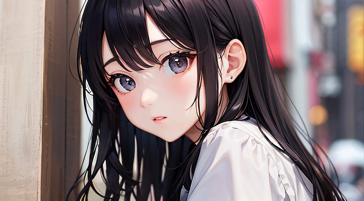 13 year old black hair girl、stare、high-level image quality、takeout