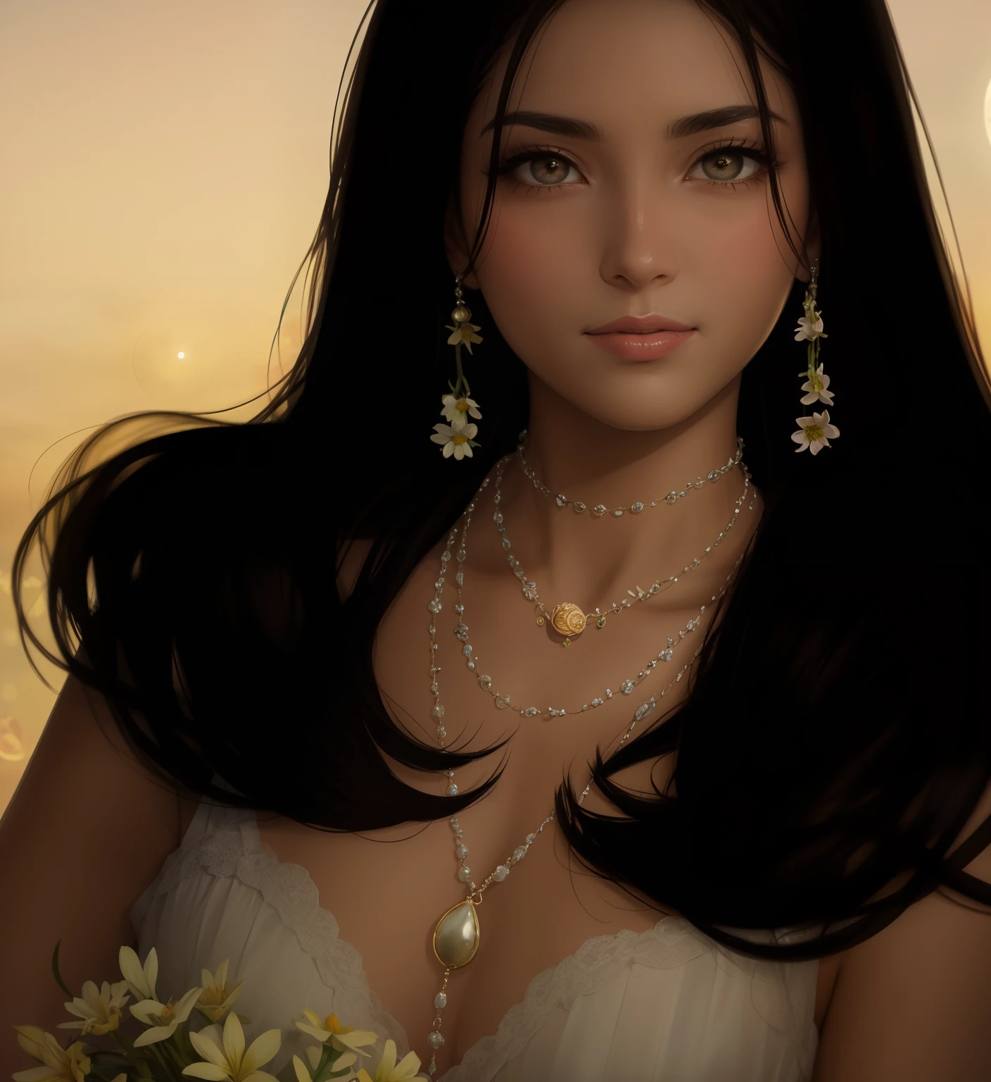 ultra realista, olhos com detalhes, flores com uma lua ao fundo, realilsmo