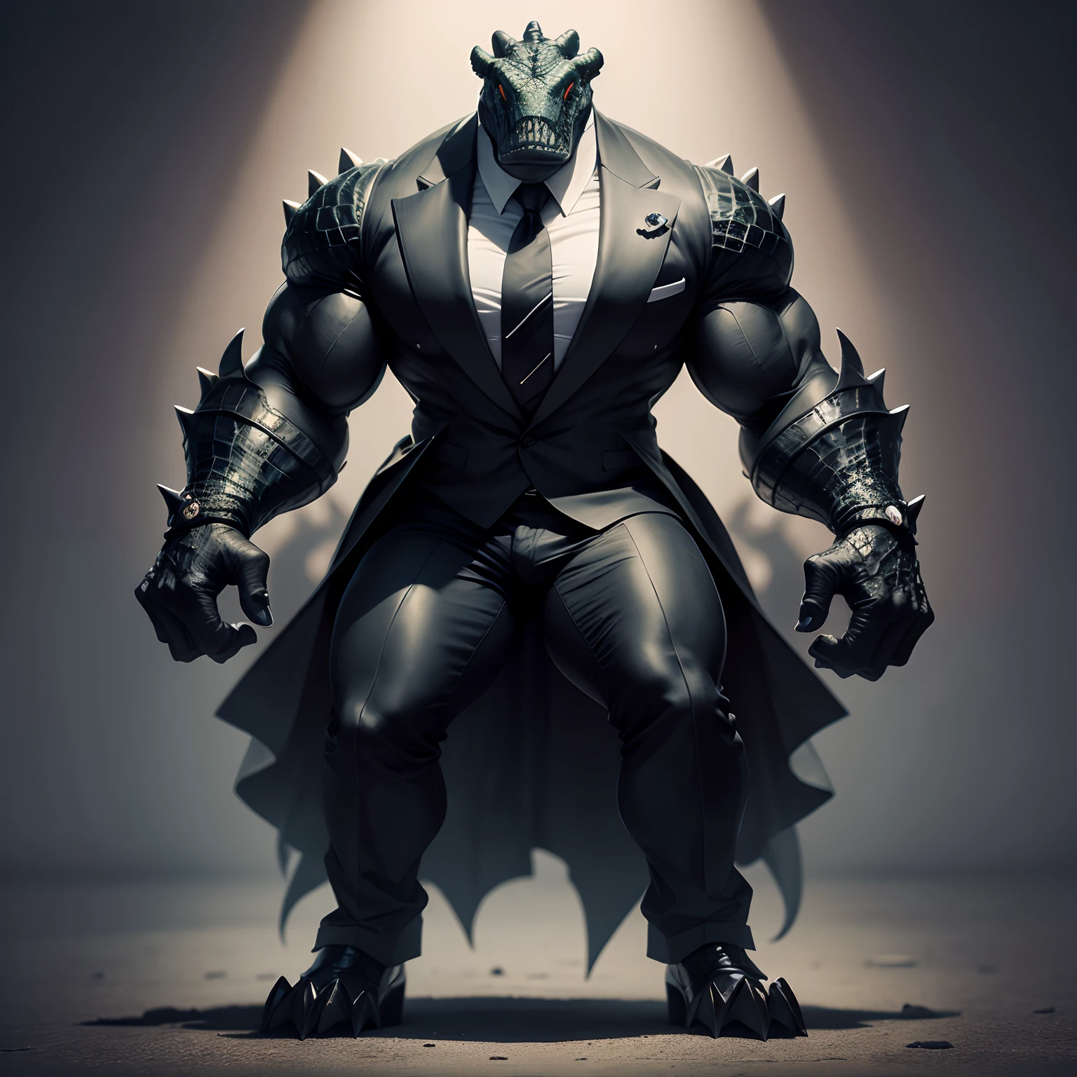 Humanoid crocodile muscled , with a crocodile's head black with a tail with 2 huge arms , in suit with a tie , full body