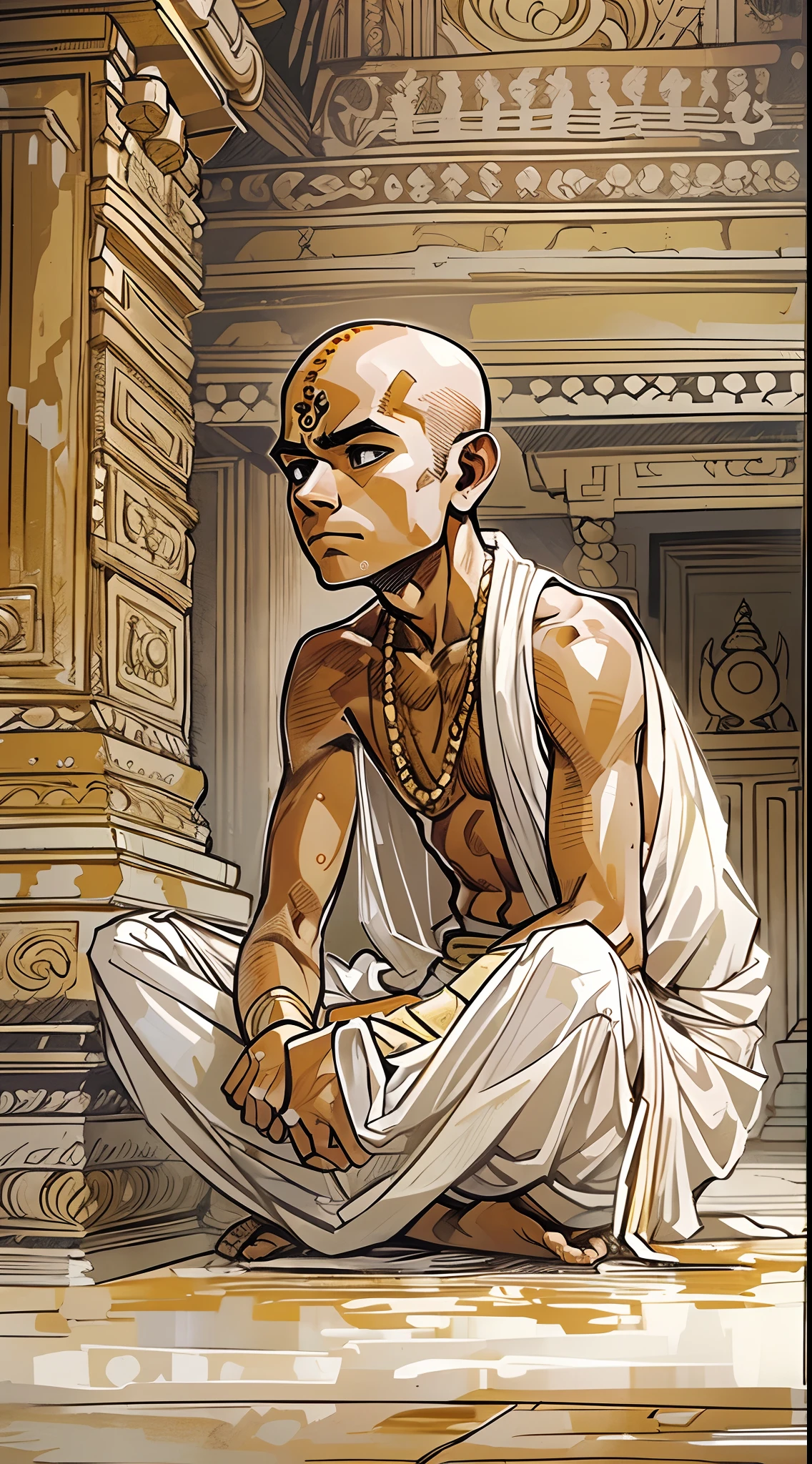  indian brahmin boy, weak health, weak body, bending forward, ((sitting in a temple)), temple interior, white dhoti, dirty, bald, masterpiece, (2d art), toony,