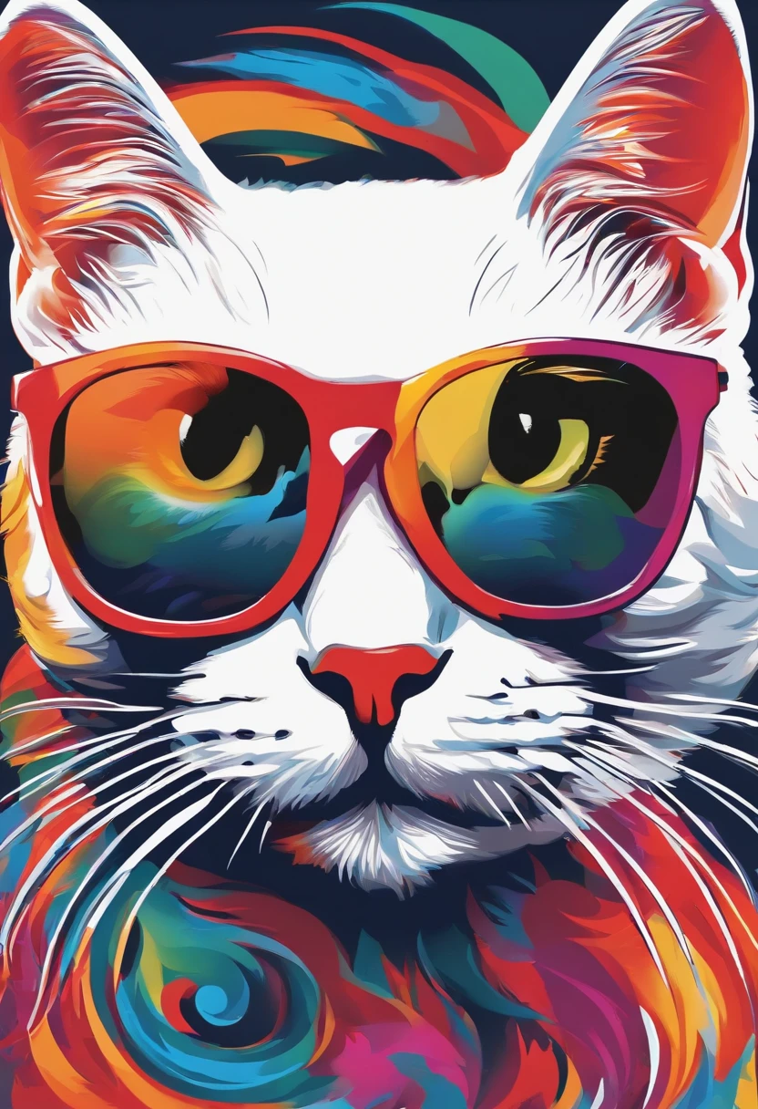 Sunglasses Cat Paint Art,T-shirt logo,((white backgrounid)),(in frame)