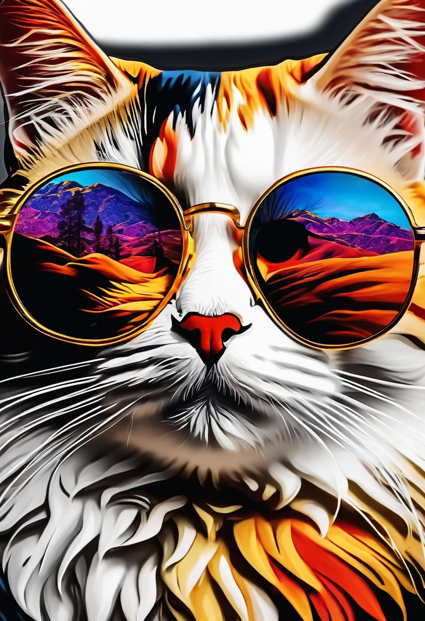 Sunglasses Cat Paint Art,T-shirt logo,((white backgrounid)),(in frame)