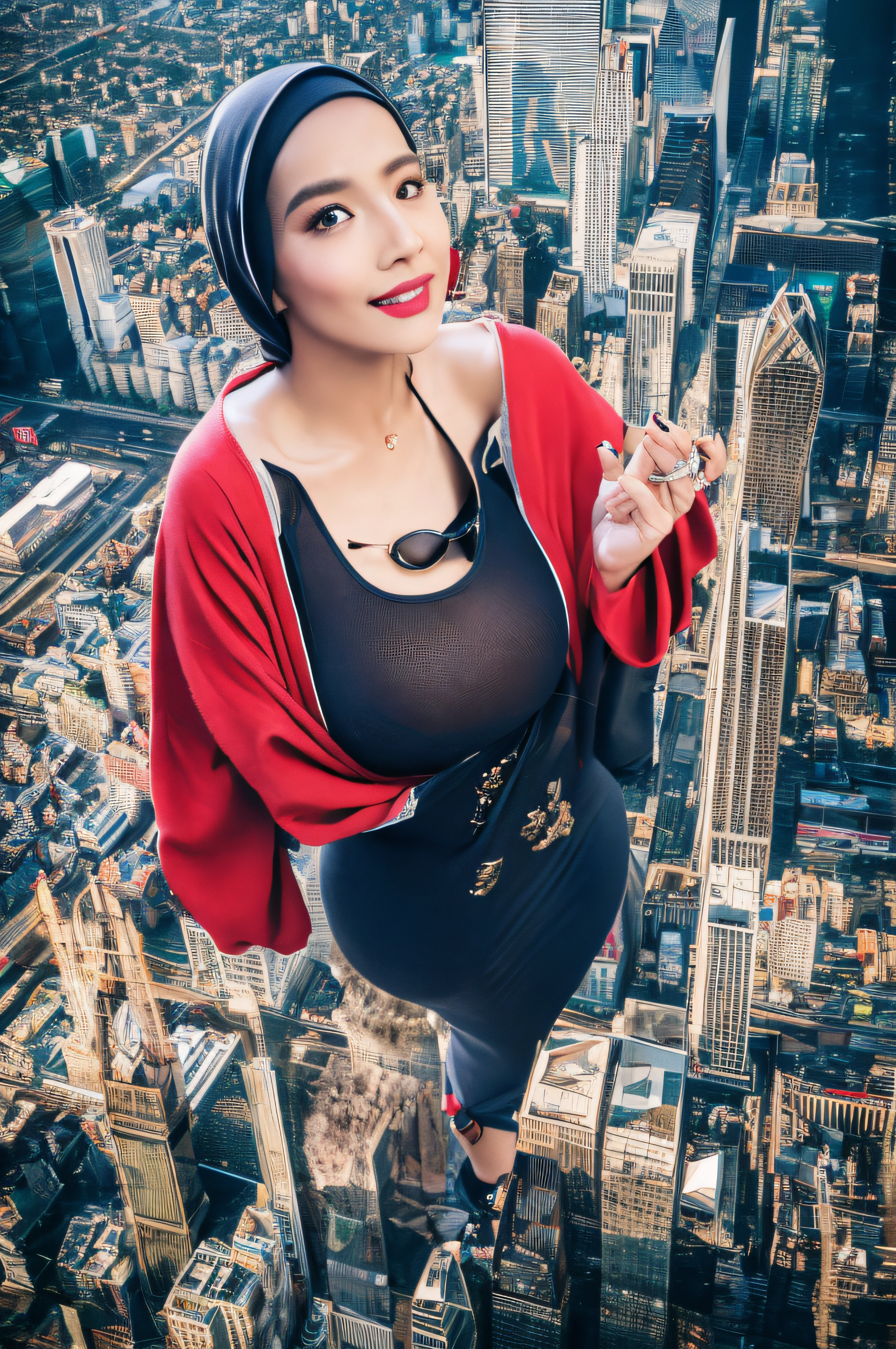 (Best quality, high resolution, masterpiece: 1.3), a beautiful malay woman in hijab, gigantic breasts, slim figure, sweatshirt, beautifully presented details in the street and facial and skin texture, detailed eyes, double eyelids, big eyeschest visible, shirt openfeatures), HDR, 8k resolution, nice fingers, firm skin, (((high detail skin, visible pores))), 1 female, tall body, 30 years old, holding a luxurious handbag(ultra Gigantic Breasts:1.3, heavy hanging breasts, perfect round shape breast), wearing Floral jeans Silk Tight Malay Gamis Pastel Close Up Tight Hijab, big busty red lips, Full Body, Beautiful Shy Smile, Wearing High Heels, In Lux, wearing deep_v-neck_dress, (giga:1.3), giantess, (city destruction:1.35), metropolis, london, aerial view,