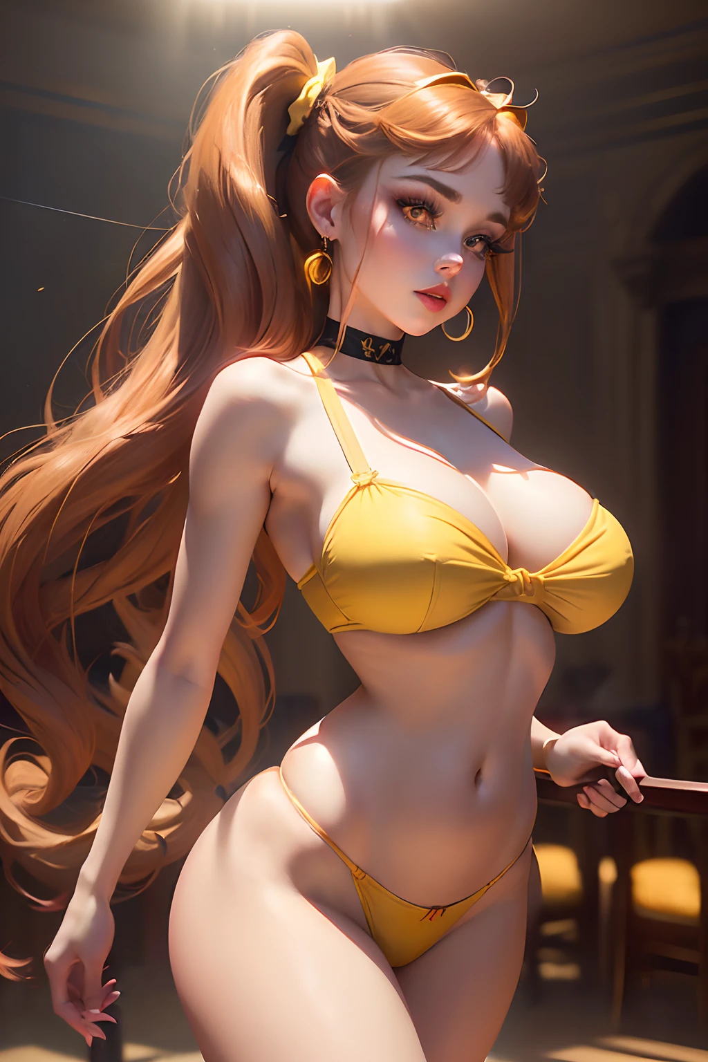 ((Belle from disney animated movie pricesses series))(big glowing eyes)(bright red lips))((pale skin)) ((long light brown hair pony tail with side bangs))((dark eyeshadows make up))(((very huge ))) ((perfect slim body))((wears yellow tiny string thong)), (earrings, choker, head band)((dance sexy al inside castle ballroom)) (high definition, dynamic illumination and shadows)((masterpiece))(8k)(perfect face)(best quality) (perfect hands and eyes)