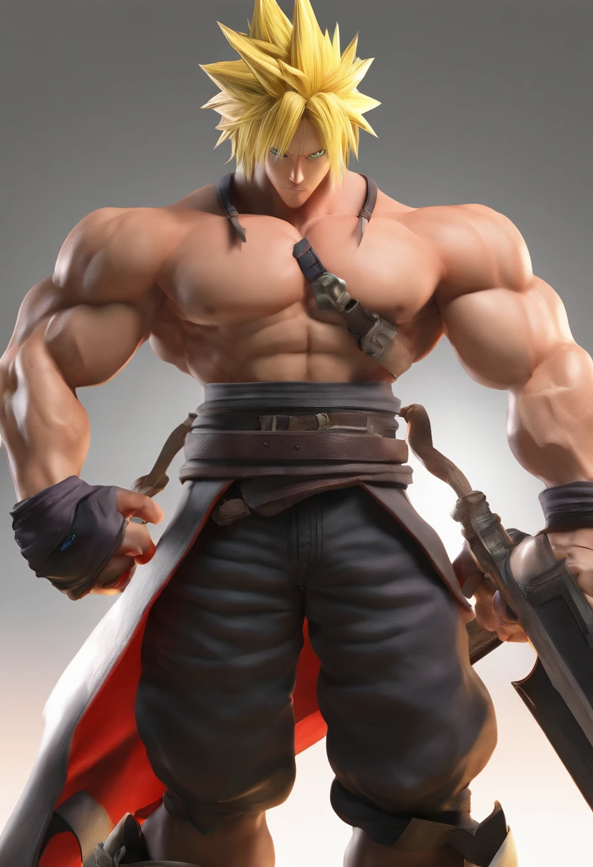 Full body image "(Highest quality, 8k, ultra-detailed, Realistic:1.2), Portraiture,, Muscular, Calm, Fearless smile, detailed, Blonde, strict, Intimidating, Powerful, Show off his strength", Brainwashed and possessed by Majin Buu,Controlled by an evil heart,Demon body and wings,(((Huge penis))),Very large muscles,Full body images,The lower half of the body is hairy like an animal.,,Drooling from a wide open mouth,sex,2boy~4boy,Bloosels throughout the body,Cloud Strife and Son Goku Mashup,Crying face,