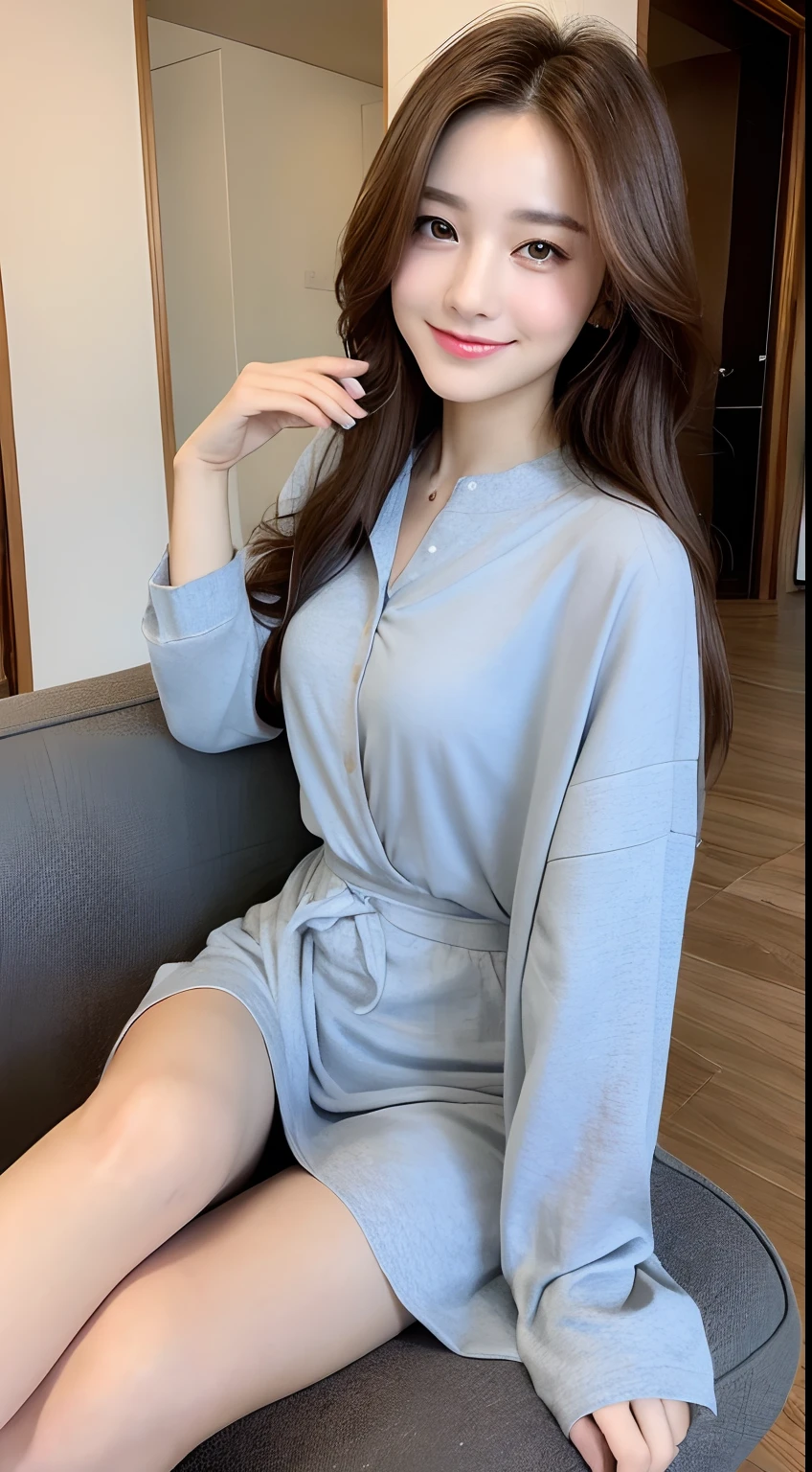 ((top-quality、8k、masterpiece:1.3))、1girl in、a smile、full bodyesbian、Slim Faces、Pretty women、(dark brown hair)、Full-Cloth:1.1、hyperdetailed face、A detailed eye、二重まぶた、in a house、Sitting on the couch、Stand up on your knees、M-shaped legs、