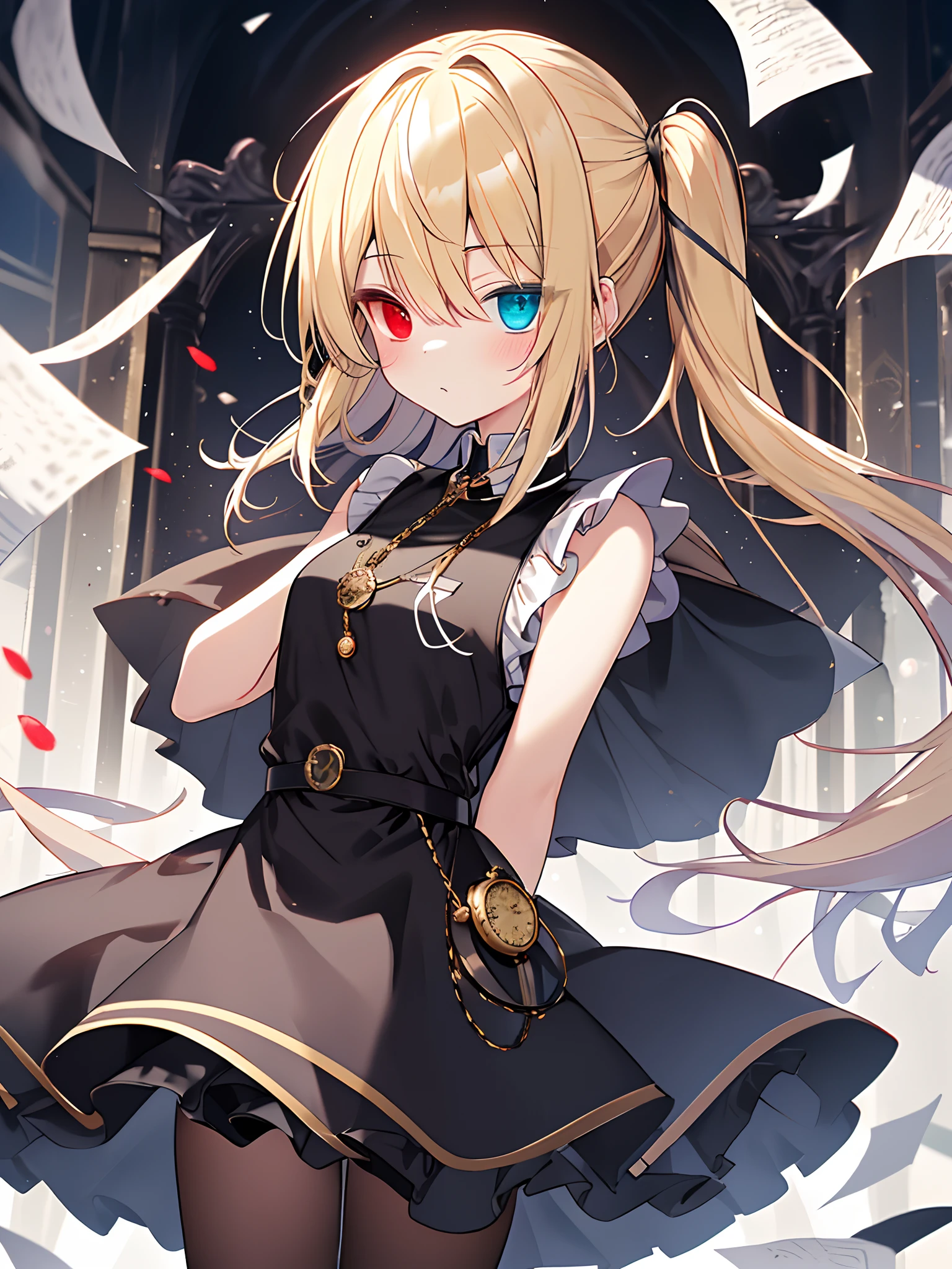 (top-quality)、(​masterpiece)、(ultra-detailliert)、((a blond))、Beautiful girl alone、(12year old)、Chiquita、cute little、(dark backgrounds:1.3)、Particles of light、(Standing)、(deadpan)、((Heterochromia,Right eye is red,The left eye is blue:1.3))、(Twin tail)、Longhaire、(Black hair fastening ribbon)、(Have a golden pocket watch:1.2)、Black Party Dresses、Ruffles on skirts、Black tights、Floating hair、Sleeveless、Lively posture、Paper fluttering in the wind、