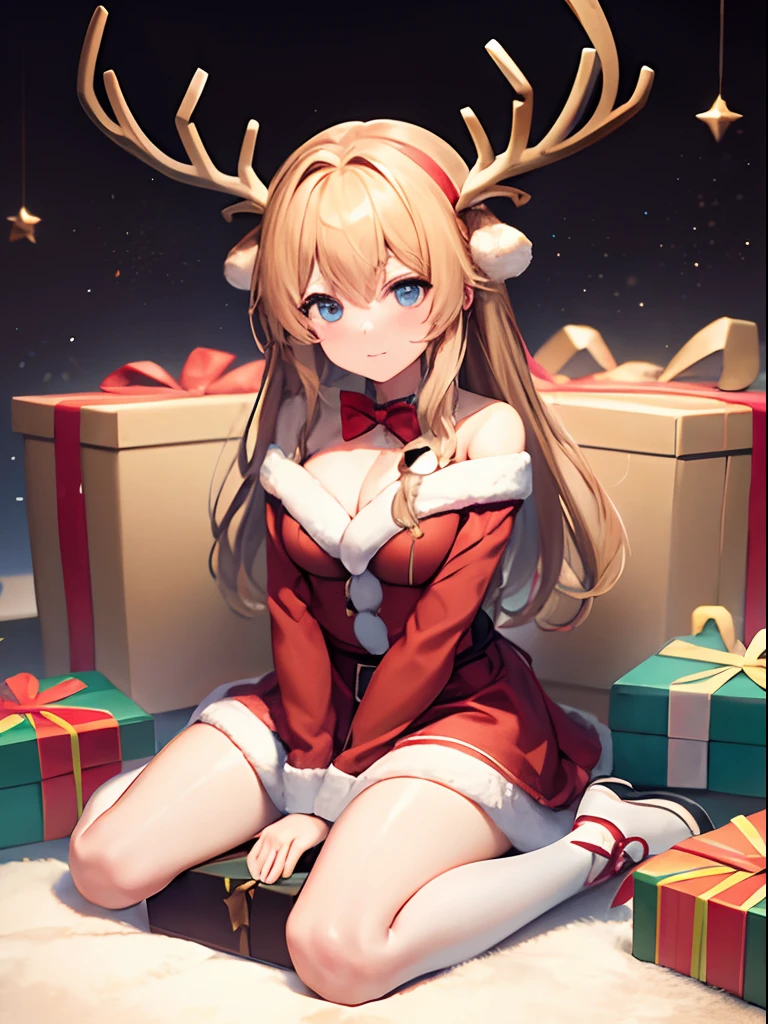 Lori wearing reindeer cosplay sitting in present box、full body Esbian