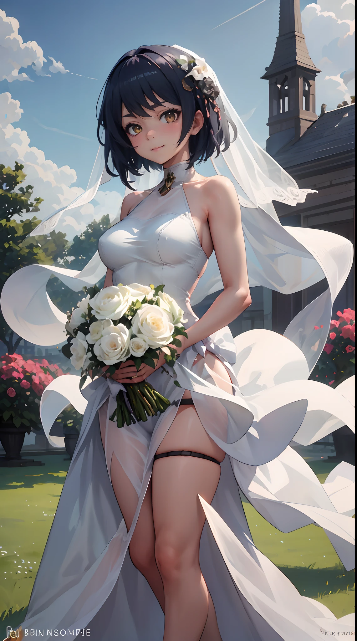 Kujou Sara | genshin impact, master-piece, bestquality, 1girls,25 years old, proportional body, proportional., Wedding Dresses, White Wedding Dress, Long skirt, wedding, ,bara, Standing in the middle of a flower garden, outdoor, wedding, The sky is beautiful, Both hands hold a bouquet of flowers.................................................., View viewers from the front., Thigh strap, Head tilt, bored, 10, 10, HD, slight smile,