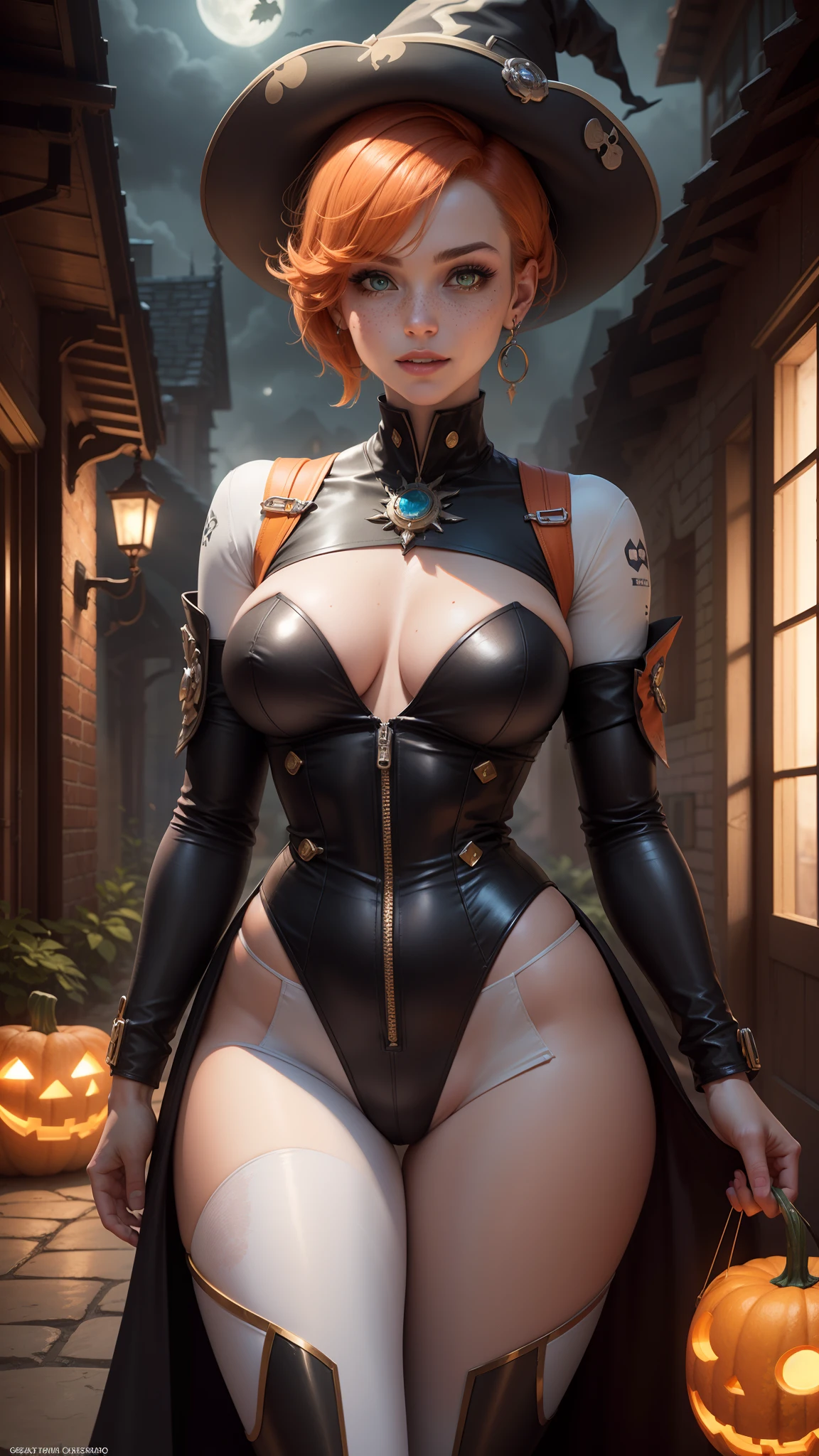 gwen tennyson,tracer,yorha 2b,rebecca chambers,atelier ryza,overwatch,1girl, close up,mecha pilot,halloween village, rose and white plugsuit,hair pin,pirate corset,steel long sleeve lycra top,orange leggings,short hair,cute makeup, green eyes,orange and golden hair,shy smile,freckles,redhead,beautiful girl,large breasts,ultra detailed,realistic,fantasy art,witch dress,witch cloak,halloween pumpkin,moonlight,silver earrings,