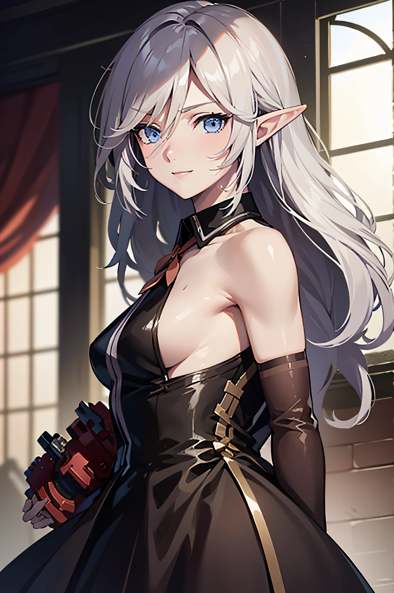 Adult girl standing and looking at the camera, pixie, elf ears, Beautiful elven ears, The girl is dressed in a Gothic dress, Long Dress, floor-length dress, pony tail, High-quality beautiful eyes, beatiful face, High Quality Face, dark sky, Thin, Wet waist, Slender figure, Appearance of the model, confusion, sexuality, Cute beautiful anime woman, detailed digital anime art, beautiful anime girl, beautiful anime girl, Anime with small details, Best Quality, Masterpiece, Ultra-detailed, Beautiful, hight resolution, Original,CG 8K ультрареалистичный, perfect artwork, beatiful face, Face Clean, Skin, hyper realistic, Ultra Detailed, A detailed eye, dramatic  lighting, (Realistic) Realistic, Full HD, Best Quality, Best Quality, Beautiful lighting, (8k wallpaper of extremely detailed CG unit), High Details, sharp-focus, The art of dramatic and photorealistic painting, beautiful smile,