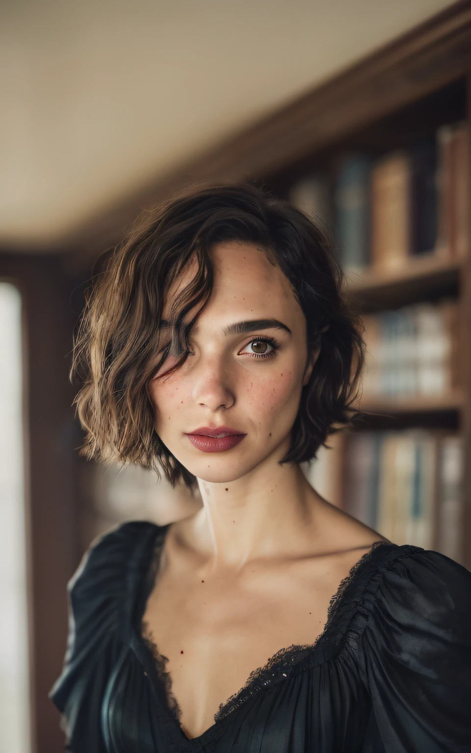 (Melhor Tiro, fotografia editorial de uma jovem de 30 anos gal gadot), (rosto altamente detalhado:1.4) (sorrir:0.7) (fundo biblioteca dentro escuro, Moody, estudo privado:1.3), Steampunk Pirate Airship, Directed by: Lee Jeffries, Nikon D850 | | | | | | | | | | | | | | | | | | | | |, Fotografia Stock Film, 4 Kodak Portra 400 ,camera f1.6 lentes, cores ricas, hyper realistic, Textura realista, dramatic lighting, Cinestill 800 Flowing Dress with Messy Black Fabrics Short Hair, sérdas, (sardas:].4), pale skinned,