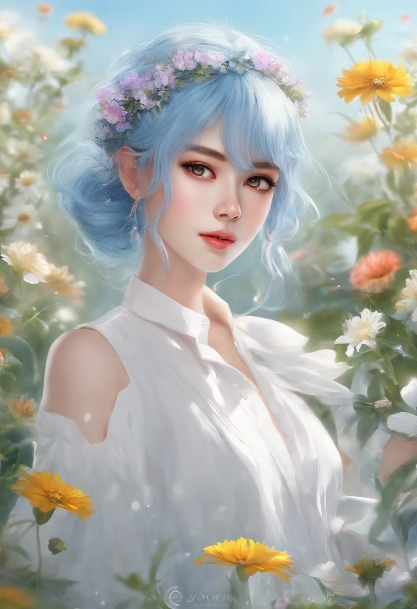 (Masterpiece), (Best quality), (Ultra detailed),(Disheveled hair),(illustration), (1girll), (Fashionable clothing), standing, Fashion model, view the viewer, (interview), (Simple background),Beautiful detailed eyes, Delicate beautiful face, Floating,(High saturation),(Colorful splashes),colorful bubble,(Shining), focus onface,  pony tails, Kamiasto ayaka, Light blue hair, bangs, Hair ring, Floating flowers, Floating hairs, (Shining), BEST lighting, Best shadow,