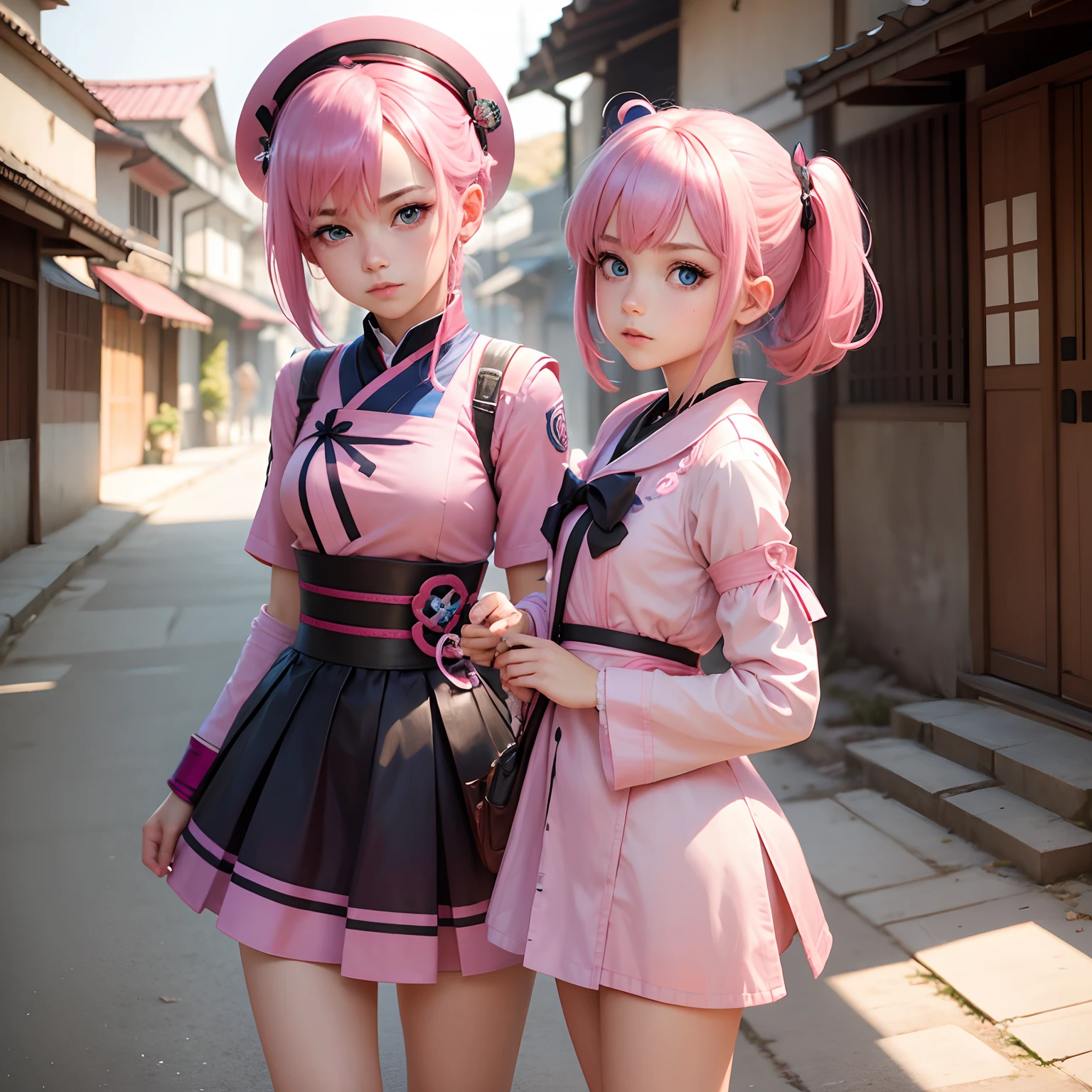 Two kneeling sycophants, bikini Aimei, wearing stockings, hosting the show, s,Pink double-tailed hair and cyan eyes,Anime little girl costume,The little girl cocked her in the face, astonishment, (Shiny tights), camel's paw, Bondonas, Thick thighs, full-body view, ((looking at viewert)), ((dynamic angle)), ((dynamicposes)), ((completo)), Look back, finely detailled, Realistic face, photorealistic eye, Tomoe Elementary School, Flower garden, sky, Pink schoolbag with hanging decorations, Look at the cat, ArtbyNoise, (((perfectly shaded)), Best shadow, best illuminate