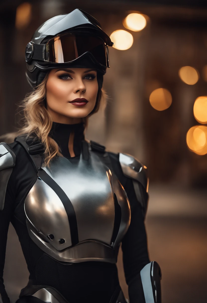(best quality,highres,ultra-detailed,realistic:1.37),portrait,beautiful woman in helmet,protective gear,shiny metallic surface,sparkling reflections,confidence,strength,professional lighting,subtle shadows,vibrant colors,sharp focus,glistening materials,attention to detail,striking composition,graceful pose,dramatic angles,expressive eyes,lustrous lips,perfectly styled hair,blurred background,modern aesthetic,subtle color grading,soft natural light,contrasting highlights,impeccable makeup,captivating gaze,confident smile,edgy fashion,goddess-like presence,empowering spirit,impressive hardscape architecture,urban environment,positive energy,understated elegance,captivating atmosphere