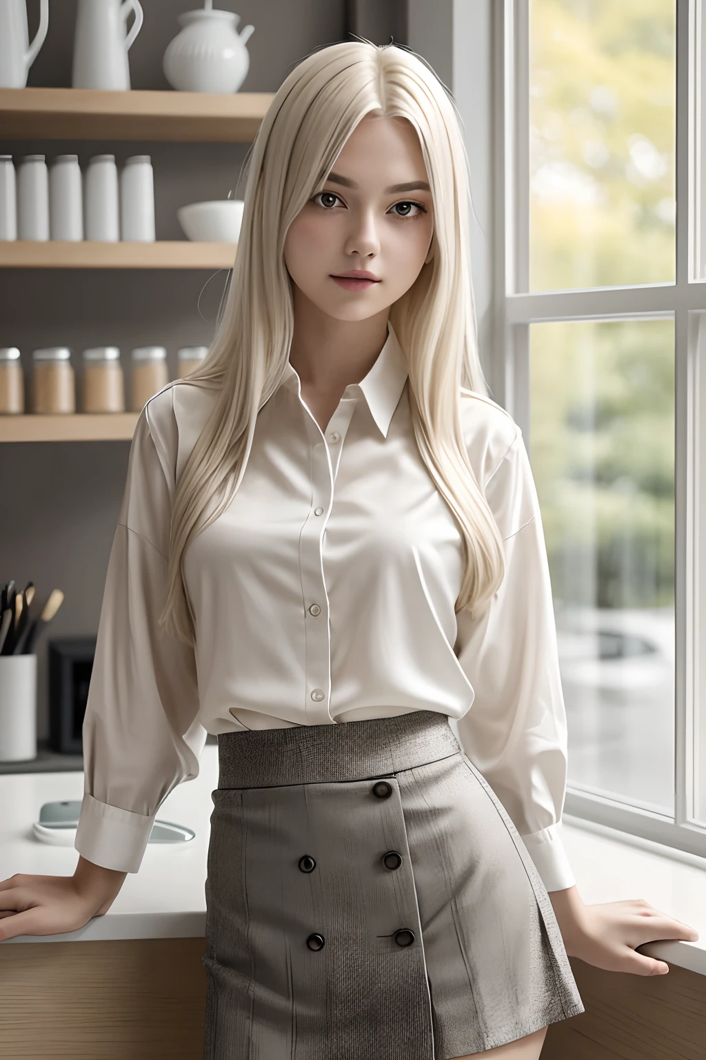 1girl in, age19, Solo, Aesthetic artwork, platinum blonde hair, long straight hair, detailed hair, full c cup breasts, c-cup, slender body, Full body, detailed skin texture, standing in coffee shop, drinking coffee, wearing white button down, white silk blouse, office shirt, wearing grey skirt, grey mini skirt, (extremely detailed 8k wallpaper), soft lighting, high quality, film grain, Fujifilm XT3 sharp focus, f 5.6, 50mm, High Detail, Sharp focus,(natural light), (seductive), Realistic, ultra realistic, photo realistic