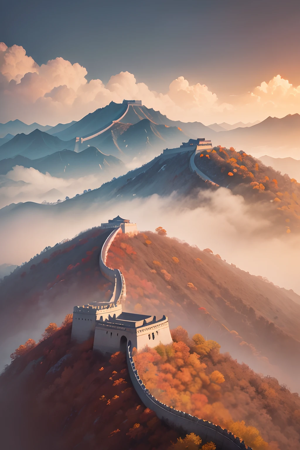 I The Great Wall of China in autumn on a cloudy day, surrounded by valleys and fields, wide angle, Chinese ink brush, neutral colors, bold strokes --ar 16:9 --v 5.2