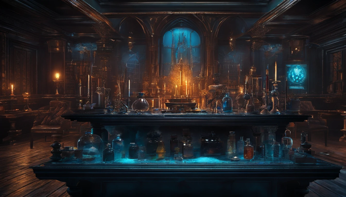 First person pov of a lab table with mercury, molten gold, a range of plant and animal proteins, vampire plasma and other exotic ingredients on a lab table. The end result is a neon blue liquid in a flask to increase a vampire's generation 2x.beautifully shot, hyper realistic, sharp focus, night time in lab basement, noir, perfect composition, high contrast, cinematic, atmospheric, ethereal fantasy.