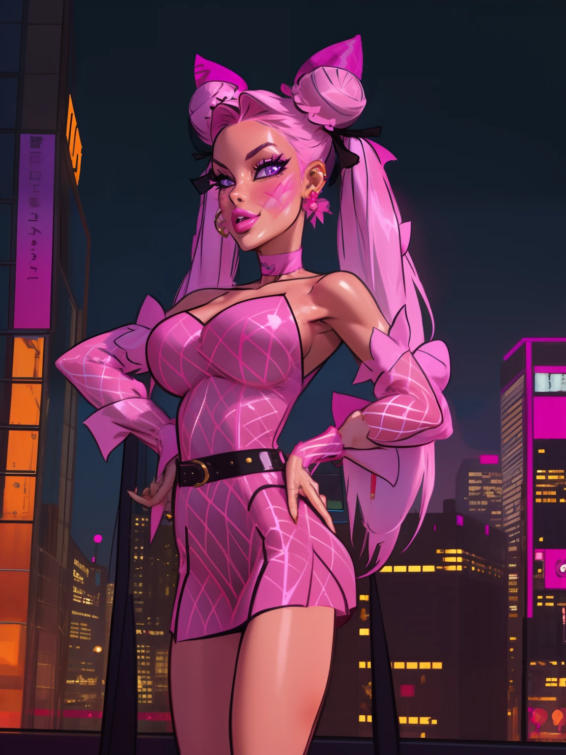 WZRYsunshangxiangQWLR, 1girl, solo,double bun, choker, pink hair,jewelry, facial mark, fishnets, earrings, pink eyes,twintails,bow,hair ornament, bare shoulders,long hair, ribbon, lipstick,pink dress,detached sleeves, cityscape, night,mature female, looking at viewer, standing, hand on hip,