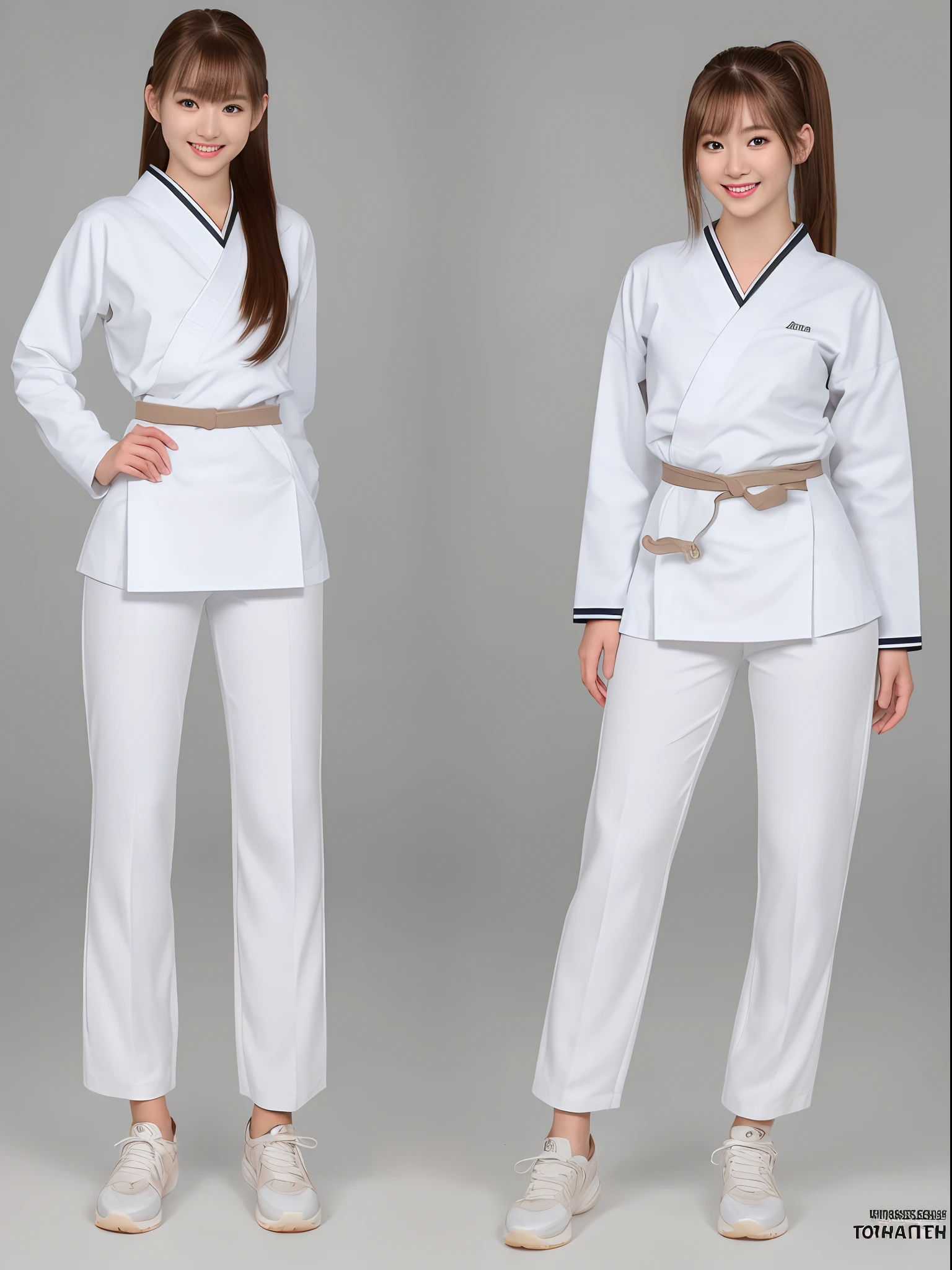 (Photorealsitic)(), Perfectly beautiful woman, (Full body 8K portrait), Large and dynamic hand and foot movements, White Karate Uniform, White karate pants, Large bust,Stand alone, Perfect facial detail, (Smile: 1.15), attractive beautiful face, gazing at viewer, a small face, 二重まぶた, Beautiful detailed eyes, long eyeslashes, ligh brown hair, poneyTail, Toned waist, Beautiful thin legs, toned ankles, bare-legged ,TOKYOcty