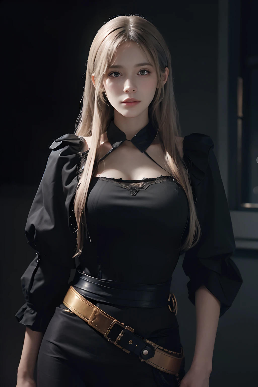 A woman in a black dress and a gold belt - SeaArt AI
