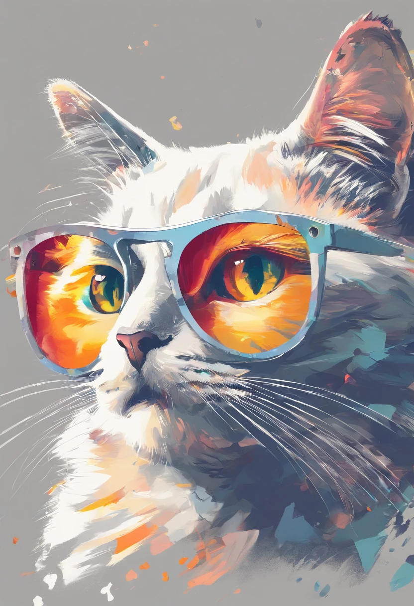 Sunglasses Cat Paint Art,T-shirt logo，（（white backgrounid）），（in frame）