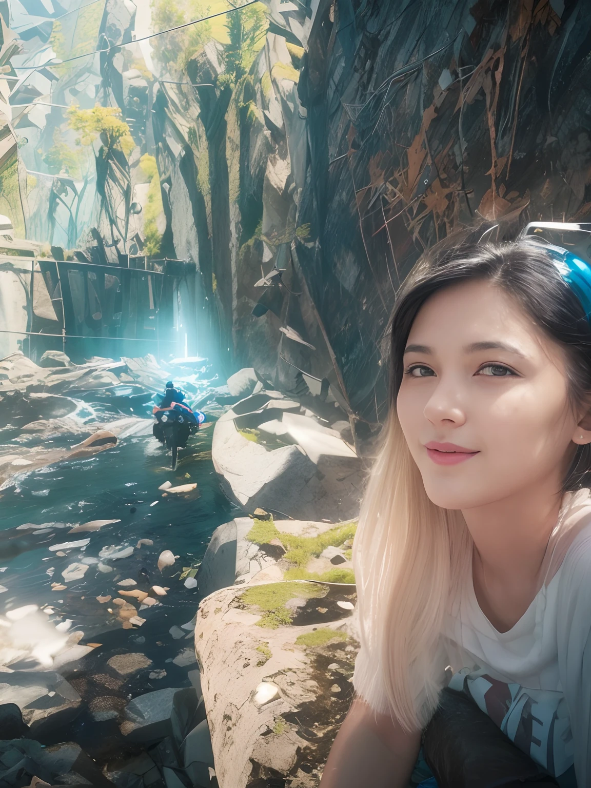 Highest image quality, outstanding details, ultra-high resolution, (realism: 1.4), the best illustration, favor details, highly condensed 1girl, with a delicate and beautiful face, dressed in a blue and fuschia mecha, wearing a mecha helmet, holding a directional controller, riding on a motorcycle, the background is a high-tech lighting scene of the future city.