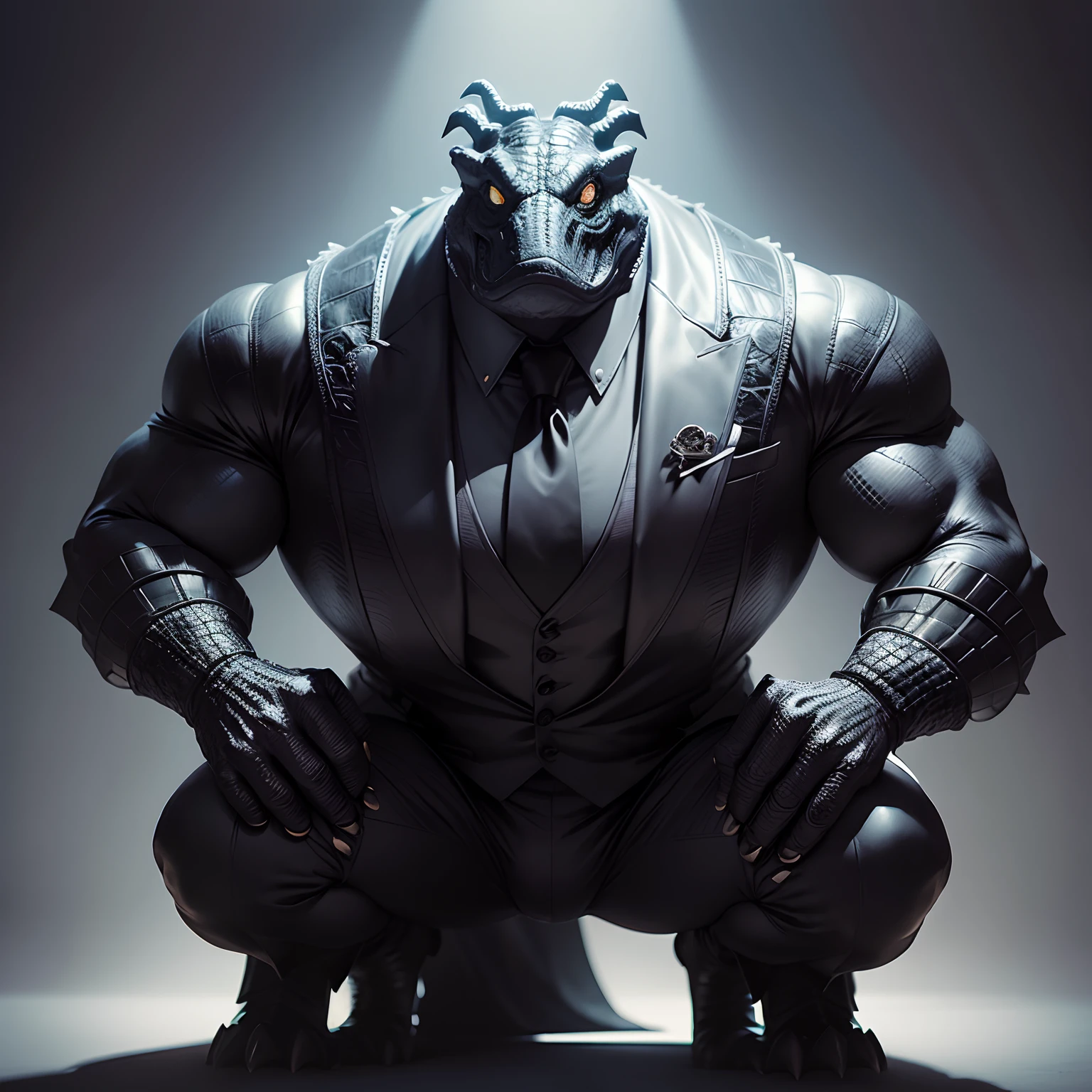 Humanoid crocodile muscled , with a crocodile's head black with a tail with 2 huge arms , in suit with a tie , full body