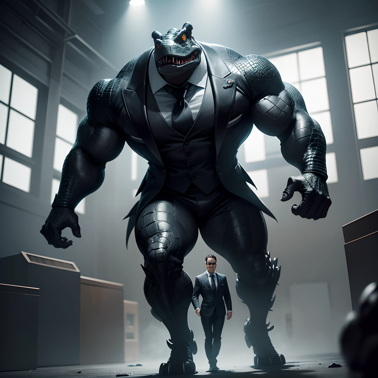 Humanoid  crocodile muscled ,  with a crocodile's head black with  a tail with 2 huge arms ,  in suit with a tie , full body