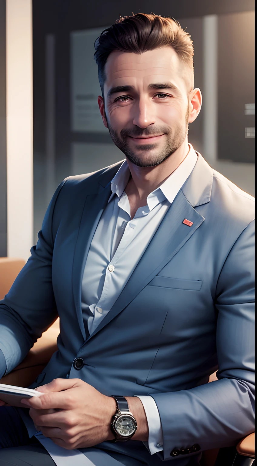 A 40-year-old European male chairman,In a meeting,The expression is smiling