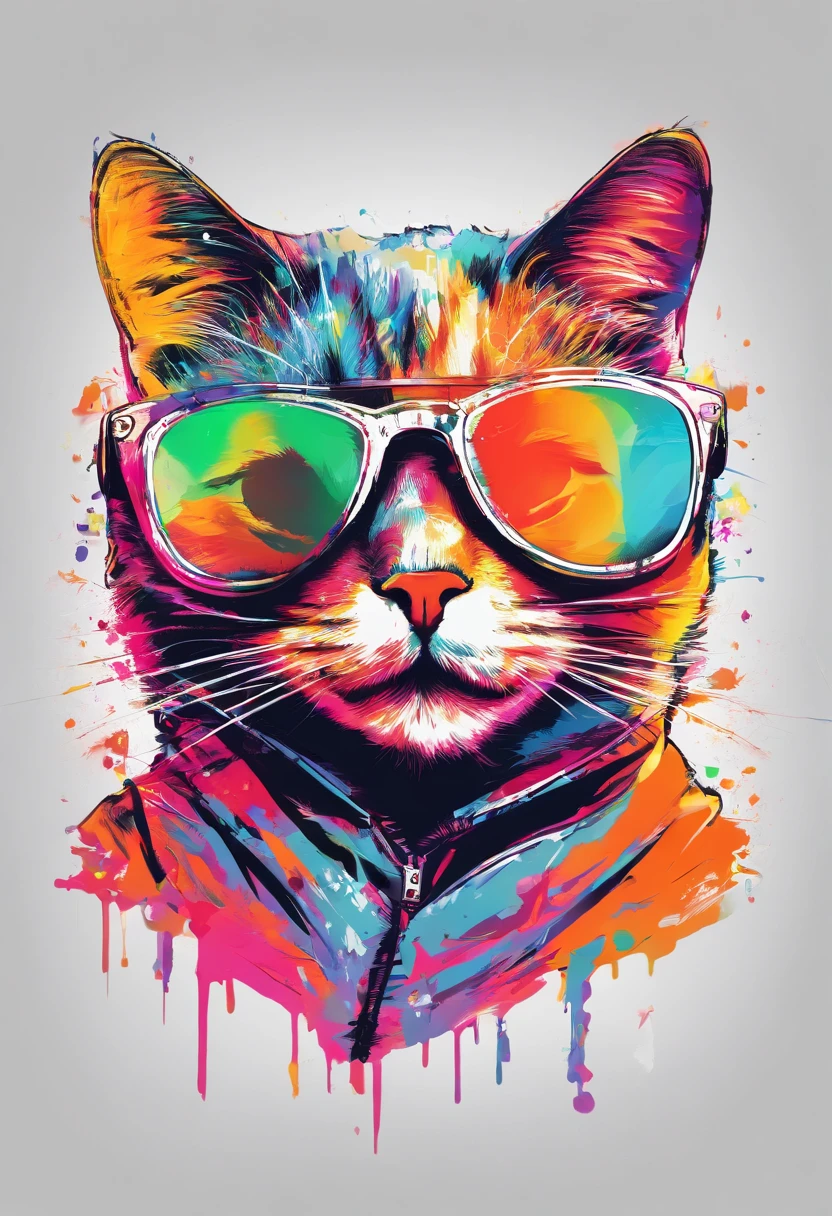 Sunglasses Cat Paint Art,T-shirt logo，（（white backgrounid）），（in frame）