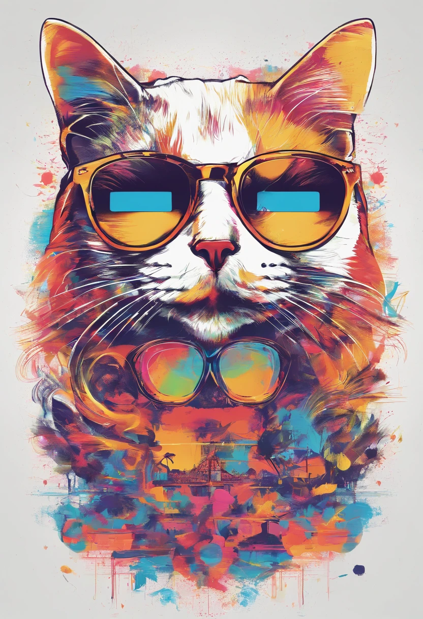 Sunglasses Cat Paint Art,T-shirt logo,((white backgrounid)),(in frame)