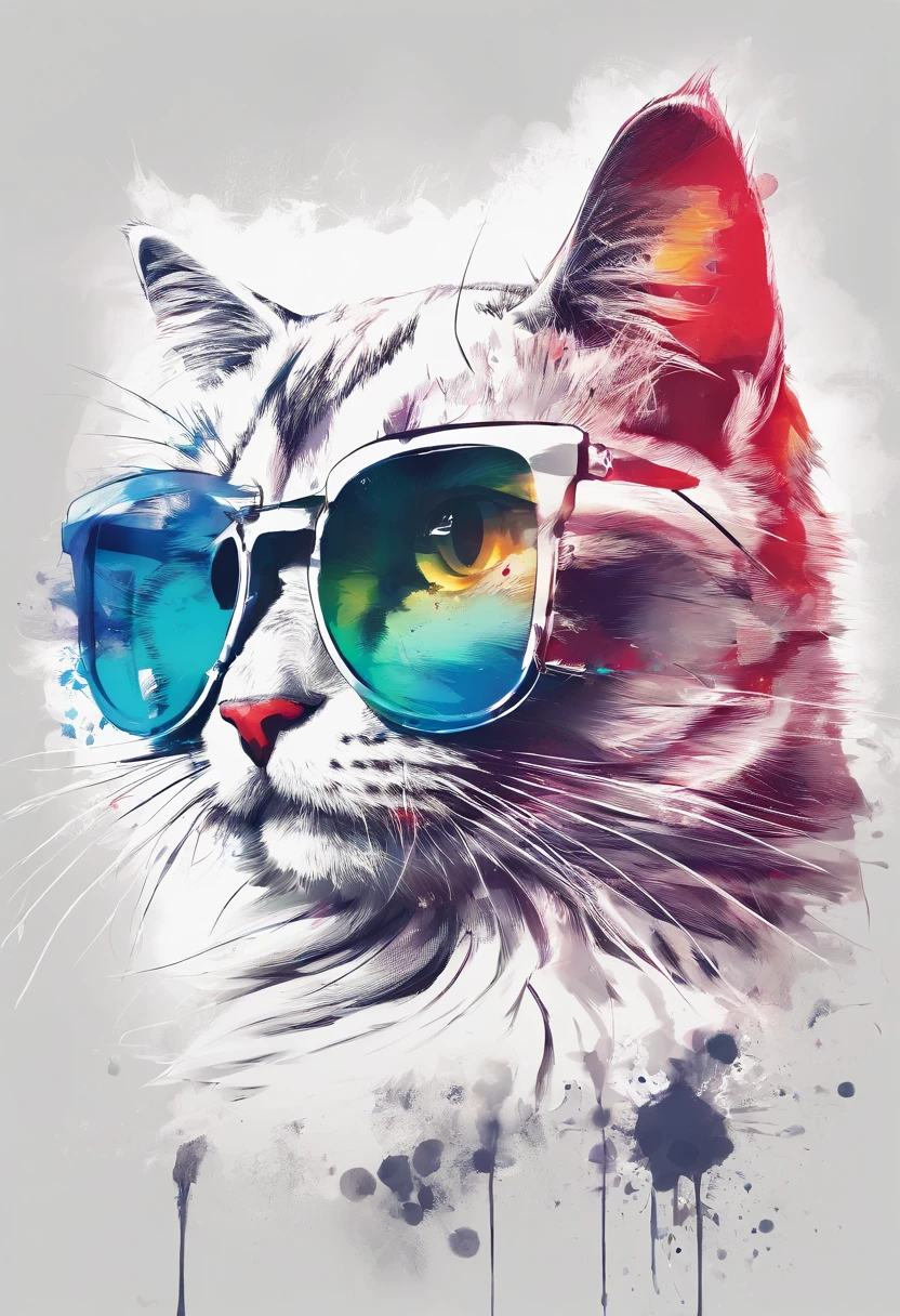 Sunglasses Cat Paint Art,T-shirt logo，（（white backgrounid）），（in frame）