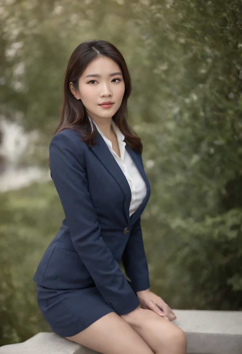 Professional image of a 25-year-old Asian working woman, Have femininity，Wear a navy blue business casual suit and hip wrap skirt, Professional profile photo, posing with crossed arms, professional picture, professional profile picture, photograph of a woman, Business woman, lecturer, Black hair, Slim body, 8K high-definition