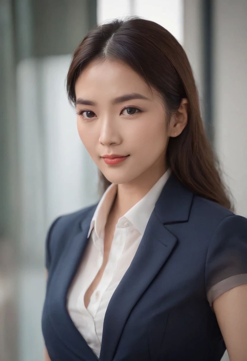 Professional image of a 25-year-old Asian working woman, Have femininity,Wear a navy blue business casual suit and hip wrap skirt, Professional profile photo, posing with crossed arms, professional picture, professional profile picture, photograph of a woman, Business woman, lecturer, Black hair, Slim body, 8K high-definition