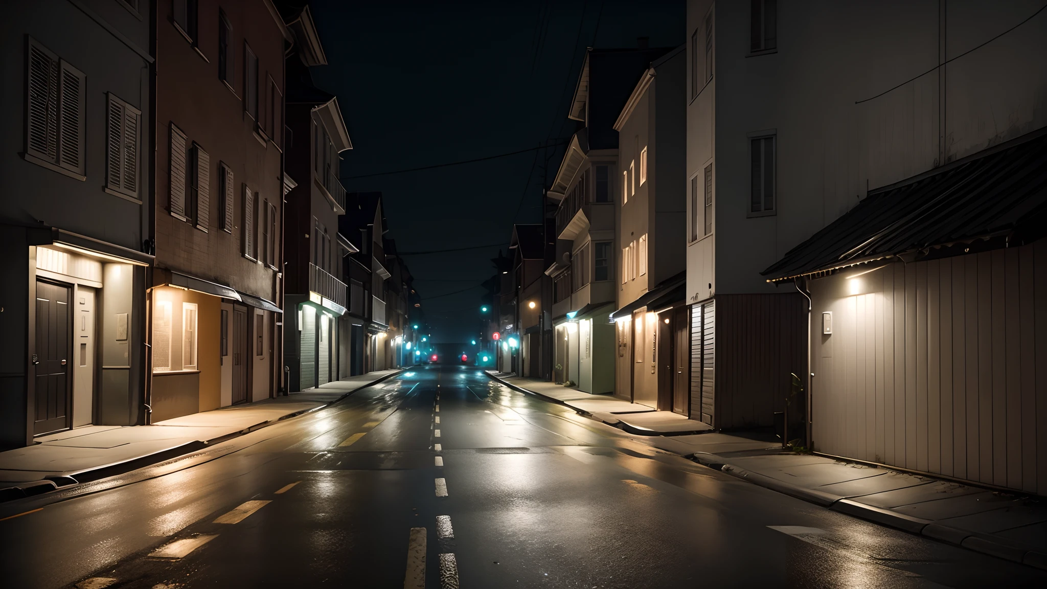 best quality, very realistic, lots of details, empty street at night, dark and gloomy atmosphere. low light. Police car stopped, simple one-story house