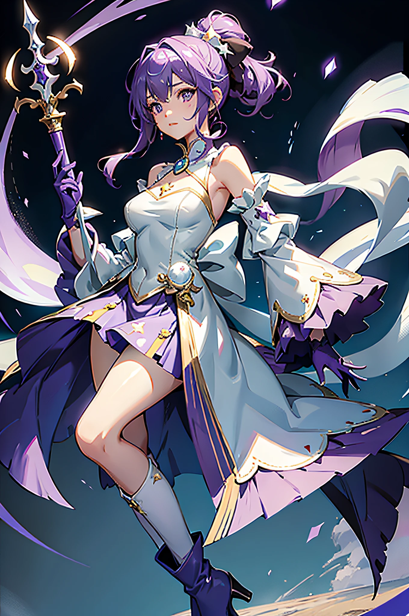 1人, reference sheet,Ability to manipulate multiple elements at the same time,She was holding a special elemental sword,It is possible to switch the attack power of different elements in battle,And unleash powerful combo skills. (Masterpiece:1.2), (Best quality:1.3),Multiple views of the same character in the same outfit
masterpiece,best qualityer,Narita Top Road,confeti,standing on your feet,pearls of sweat,putting hand up,Overlooking,ear cover,star hair ornament,brooch,sleevelessdress,purple dress,white bows,mismatched gloves,whitegloves,black glove,shoulder cutout,puffy long sleeves,Separate sleeves,Sheer sleeves,frilld,Dresses under shorts,shorter pants,Purple shorts,thigh band,kneehigh boots,Purple footwear,