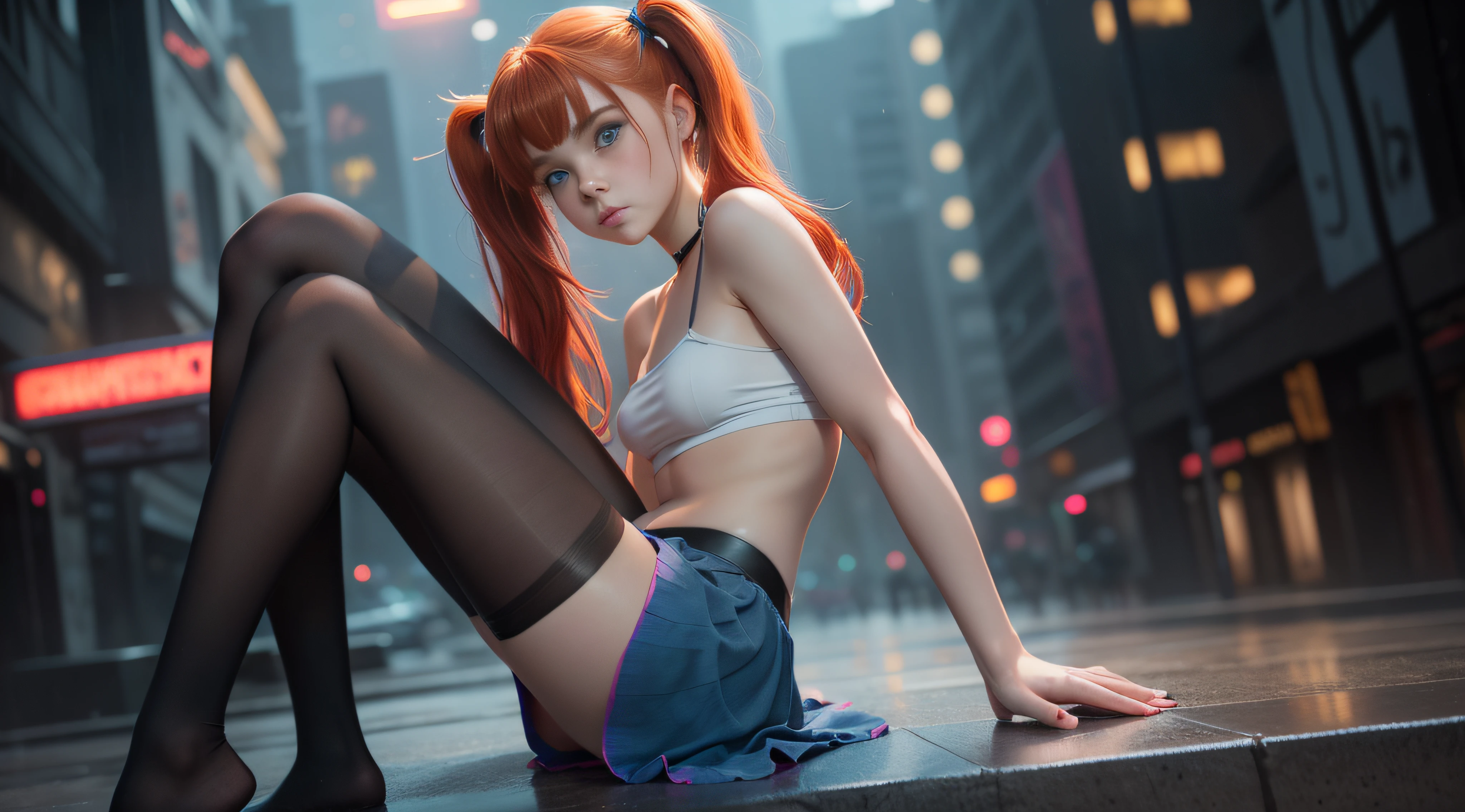 1 girl, solo, (nsfw), cute redhead 18-year-old girl in twin tails, ((perfect female body)), (cute face make up), multiple (rainbow colored hair: 1.2), (beautiful detailed blue eyes: 1.6), (photo realistic eyes: 1.6), happy, Ukrainian, (petite body), ((small hips)), pale white skin, (mini skirt and tube top), (matte pantyhose: 1.6), ("blade runner" style background}, (night time), photo realistic.