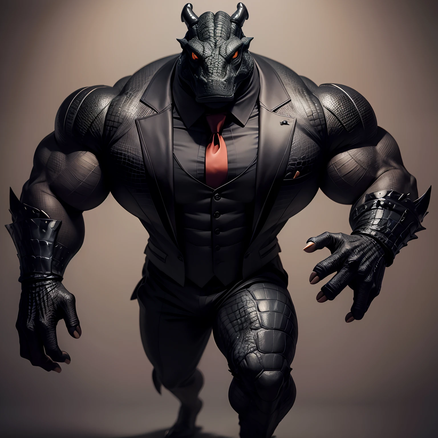 Humanoid crocodile muscled , with a crocodile's head black with a tail with 2 huge arms , in suit with a tie , full body