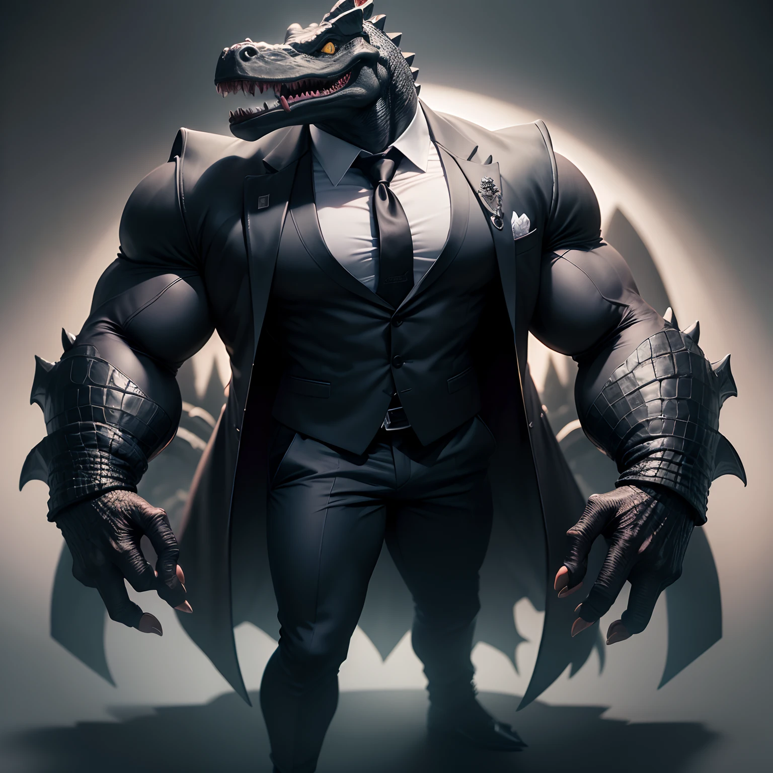 Humanoid  crocodile muscled ,  with a crocodile's head black with  a tail with 2 huge arms ,  in suit with a tie , full body