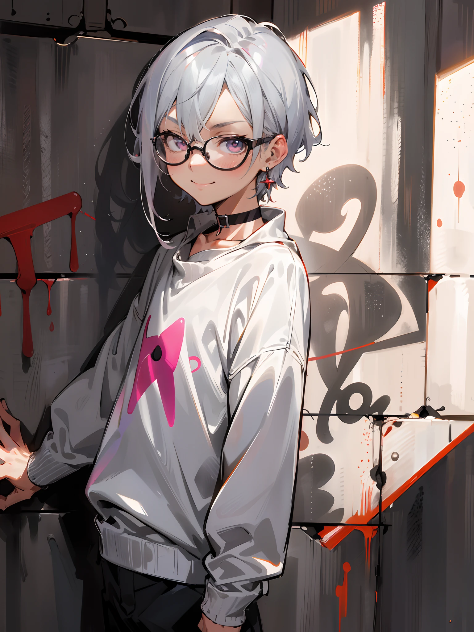 (Male child, eye glasses,A smile, silber hair,cowboy shot),masutepiece, Best Quality, absurderes, Perfect Anatomy, Solo, Matoi, earrings, Sharp eyes, Choker, Neon Shirt, Turtleneck sweater, Night, Against Wall, Brick wall, Graffiti, Dim lighting, backstreet, Looking at Viewer,