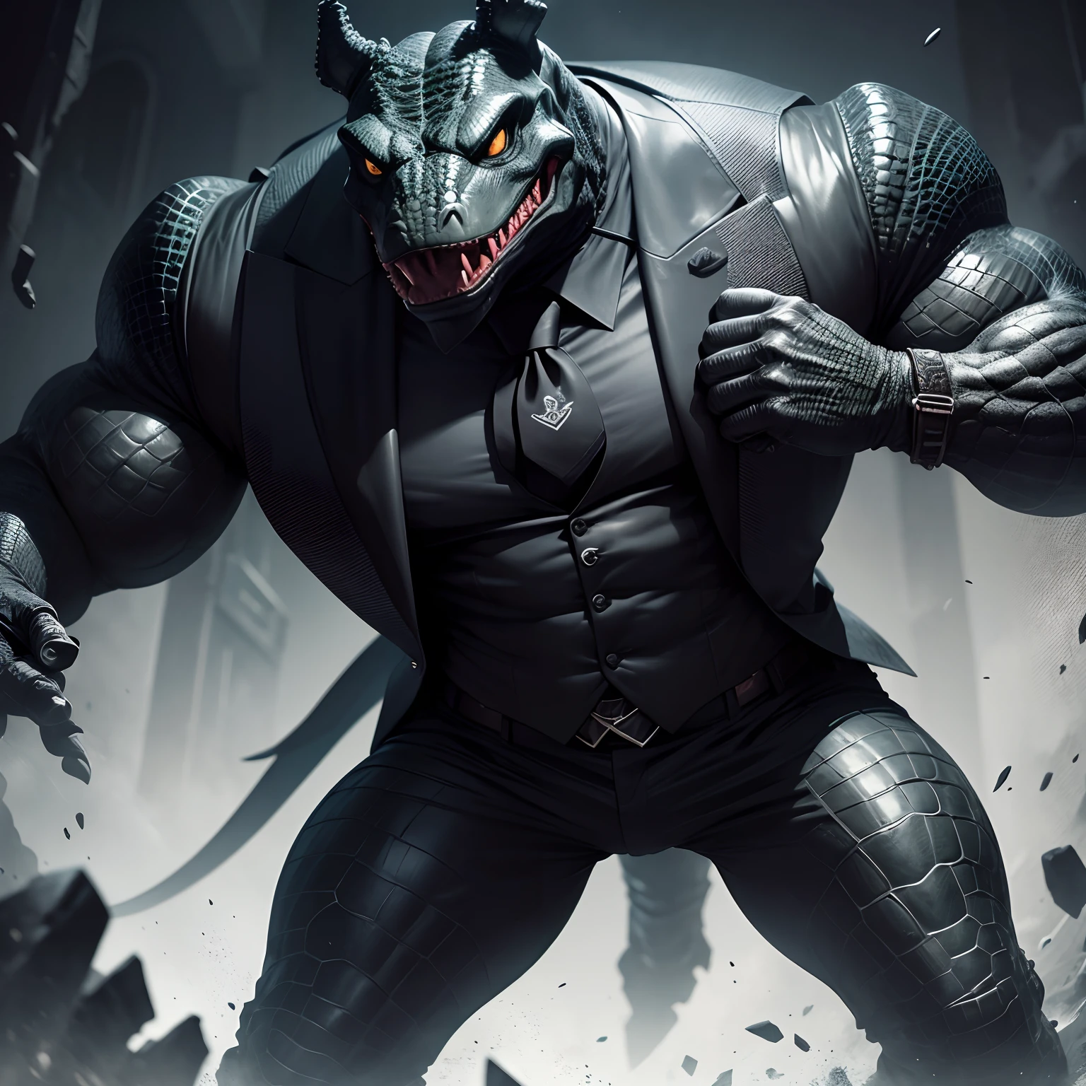 Humanoid crocodile muscled , with a crocodile's head black with a tail with 2 huge arms , in suit with a tie , full body